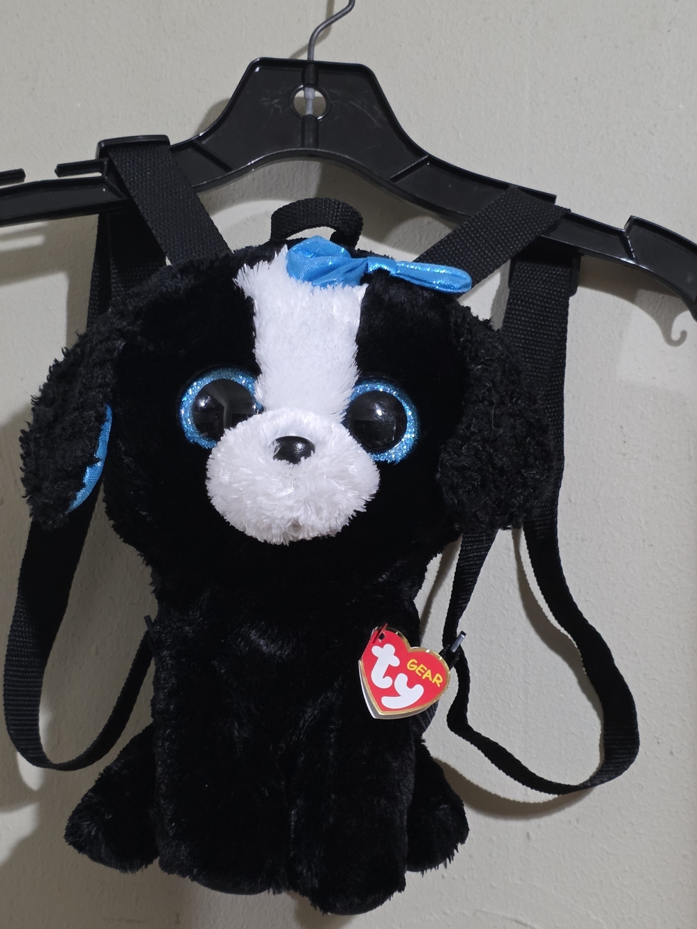 Ty Black & White Plush Puppy Backpack with Blue Accents New